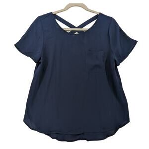 Lily White Draped Blouse Medium Navy Caged Back‎ Chest Pocket Rounded Neck Top